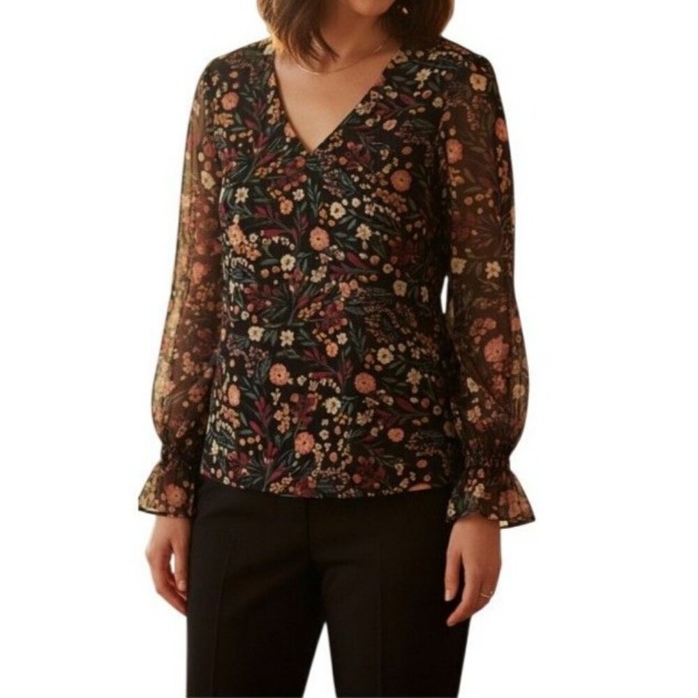 Vince Camuto Floral Print V-Neck Smocked Cuff Blouse Women Size S Feminine
